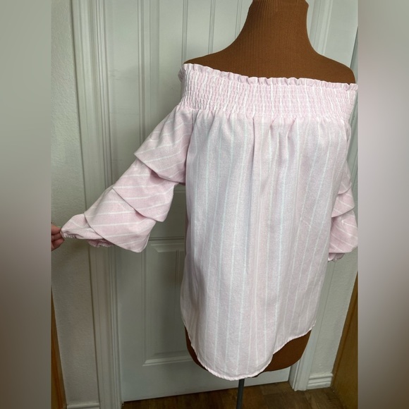 She + Sky Tops - NWT She + Sky Pink Striped Off Shoulder Ruffle Sleeved Blouse Size Large